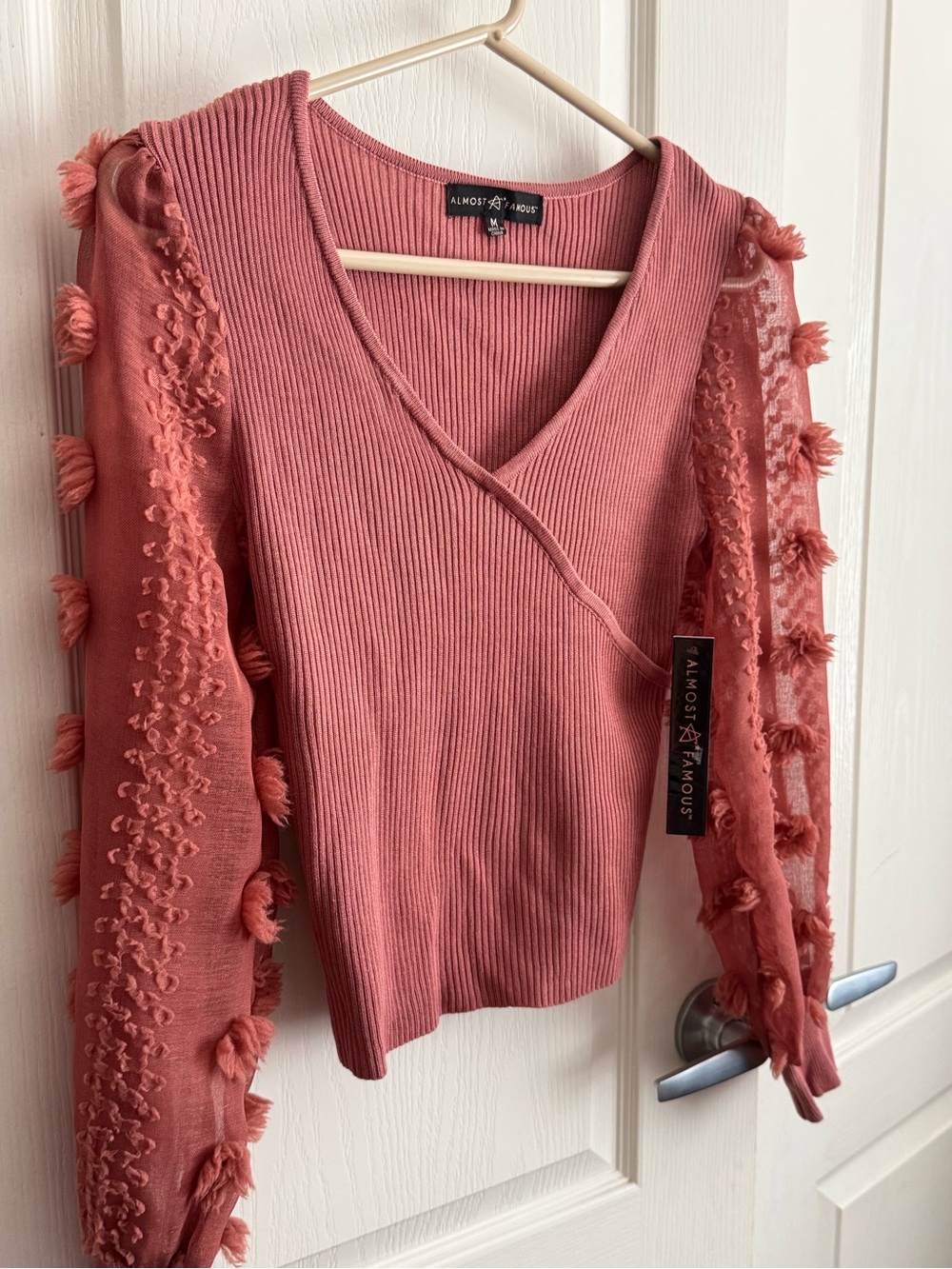 Almost Famous Dusty Rose Tassel Sheer Sleeve Top